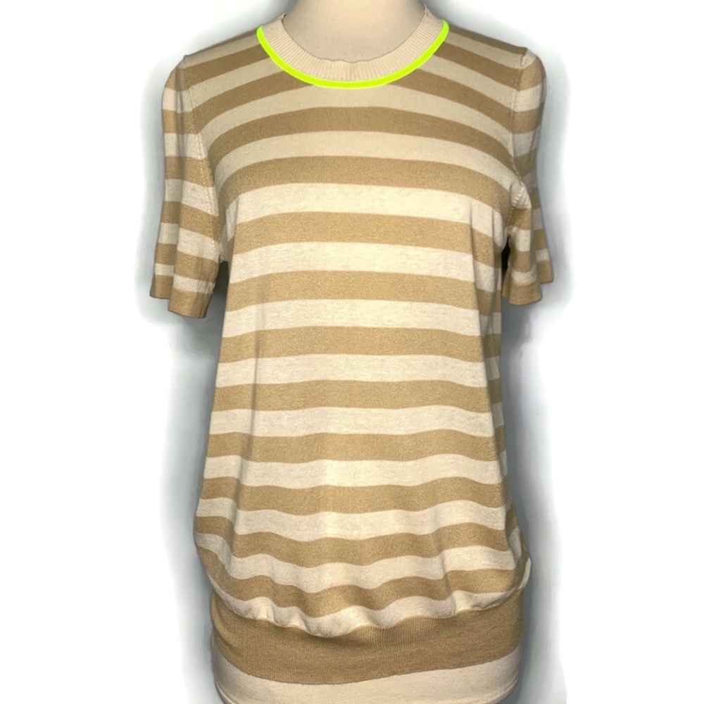 M.Patmos Silk & Cotton Blend Crew Neck Beige Neon Trim Pullover Knit Top M NWT!